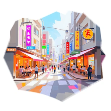 A dynamic map featuring "famous streets in Hong Kong" that highlights their "unique character and charm." The map includes detailed illustrations of iconic street scenes such as "Nathan Road" bustling with neon signs and pedestrians, "Hollywood Road" lined with antique shops and art galleries, and "Gough Street" showcasing vibrant street art and local cafes. Each street is marked with colorful icons representing its distinct personality, and there are small vignettes of typical activities, like locals dining and shopping. The overall layout is lively, inviting viewers to explore the rich culture and energy of Hong Kong's streets.