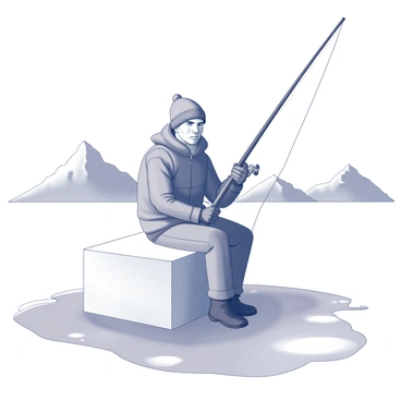 A fisherman sitting on a large block of ice. He has a serious expression while holding a fishing rod, its line extending into the icy water below. The fisherman is dressed in warm winter clothing, including a thick, knitted hat and gloves. Snow covers the surface around him, creating a stark white landscape. In the background, there are tall, snow-capped mountains rising against the sky. The scene conveys a sense of isolation in a quiet, wintry environment.