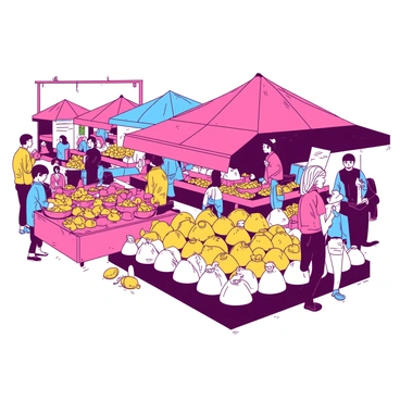 A vibrant market scene filled with various stalls under colorful canopies. Each stall is adorned with a multitude of bags filled with mustard seeds, some bags are open revealing the small seeds inside. Shoppers are bustling around, examining the bags and engaging with vendors. The atmosphere is lively with people chatting and haggling. Brightly colored fruits and vegetables are also displayed on nearby tables, adding to the market's energetic ambiance.