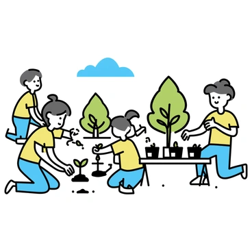 A group of five volunteers is planting saplings in a park during a community event. Each volunteer is wearing a bright green t-shirt and a pair of jeans. Two volunteers are kneeling on the grass, digging holes for the saplings, while another volunteer is holding a small tree and preparing to place it in the ground. A fourth volunteer is pouring water on a recently planted sapling, and the last volunteer is using a small shovel to pack the soil around it. Nearby, there are several pots containing more saplings lined up on a picnic table. A clear blue sky is overhead, and the vibrant green trees of the park are visible in the background.
