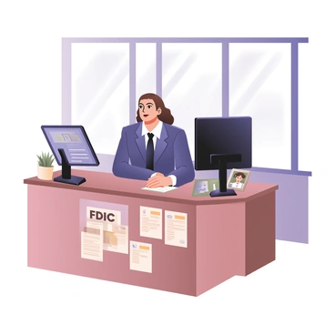 A loan officer sitting at a bank desk. The officer has light skin and short brown hair, wearing a navy blue suit with a white shirt and a dark tie. The desk is made of polished wood and has a computer monitor displaying financial data. On the desk, there are several pamphlets labeled "FDIC" in bold letters, arranged neatly next to a stack of loan application forms. A green plant sits in a small pot on the corner of the desk, and a framed photo of a family is positioned beside the computer. The background features a large window with natural light coming in, illuminating the workspace.