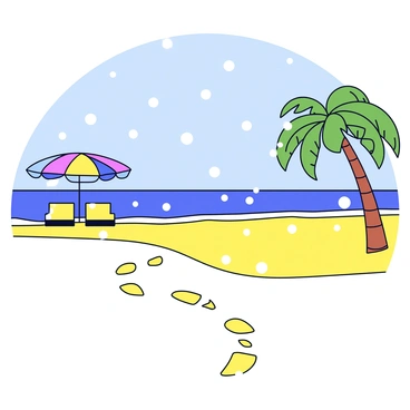 A beach scene normally filled with golden sand and bright sunshine is now covered in a thick layer of white snow. Snowflakes are falling gently, creating a winter wonderland atmosphere. The ocean waves are visible but appear colder and darker under the overcast sky. Palm trees lining the beach are dusted with snow, their green fronds contrasting against the white. In the distance, footprints in the snow lead towards a beach umbrella that stands out with its bright colors now muted by the winter weather.