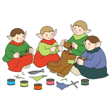 A close-up scene showing a group of three small elves working together to sew a shoe. The elves have pointed ears and wear colorful tunics in shades of green, red, and blue. One elf is holding the shoe, a small brown leather boot, while another elf uses a needle and thread to stitch it together. The third elf is providing assistance by threading more fabric pieces into the shoe. They are surrounded by various sewing tools like thimbles, scissors, and colorful spools of thread scattered around. The background is softly blurred, focusing attention on the elves and their detailed work.
