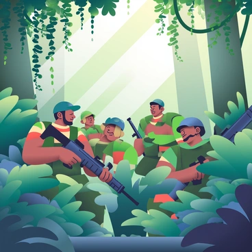 A group of guerrilla fighters is positioned among the lush greenery of a dense jungle landscape. They are wearing camouflage clothing in various shades of green and brown, blending seamlessly with their surroundings. The fighters are crouched behind large, leafy plants, with some peeking through thick vines. Sunlight filters through the canopy above, creating dappled shadows on the forest floor. In the background, tall trees with thick trunks and hanging moss create a sense of depth in the scene. The fighters are armed, holding rifles at the ready, and their expressions are focused and alert as they remain concealed in this vibrant jungle environment.