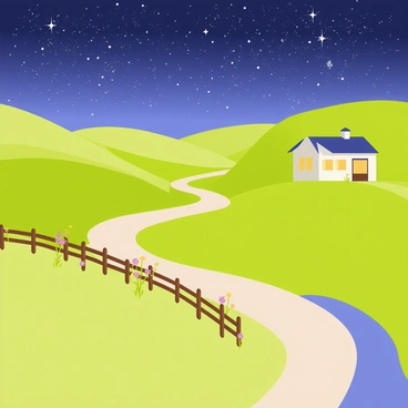 A peaceful countryside scene with rolling green hills and a winding dirt path leading through the landscape. In the sky above, a blanket of stars sparkles brightly, illuminating the night. A rustic wooden fence runs along one side of the path, with a few scattered wildflowers blooming at its base. A small, cozy cottage is nestled among the hills, with warm light glowing from its windows. A gentle stream flows nearby, reflecting the starlight.