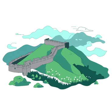 The Great Wall of China stretches across the landscape, its ancient stones partially obscured by thick morning fog. The wall winds elegantly over rolling green hills, creating a dramatic curve that leads the eye into the distance. The fog wraps around the peaks of the hills, softening the outlines and enhancing the mysterious atmosphere of the scene. In the foreground, patches of grass and wildflowers peek through the mist, adding subtle textures to the image. The sunlight begins to filter through, casting a gentle glow on the stones of the wall, making them stand out against the muted tones of the foggy background.