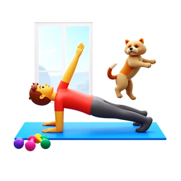 A person performing "Russian twists" on a yoga mat. The individual is wearing athletic clothing and has a focused expression. Nearby, a playful pet, which is a small dog with fluffy fur, is jumping and wagging its tail. The dog's eyes are bright and full of energy. There are colorful exercise equipment like dumbbells and a water bottle placed beside the yoga mat. The environment is well-lit with sunlight streaming through a window.