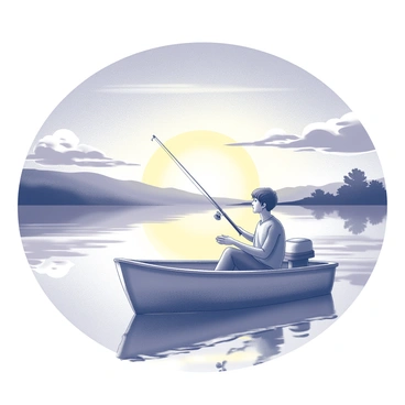 A small boat floating gently on the surface of a calm lake. In the boat, a chill guy is sitting comfortably with a fishing rod in hand. He is wearing a casual outfit, gazing thoughtfully at the water. The sky above him is filled with a vibrant sunset, casting intricate shadows on the lake as the sun descends. The surrounding landscape features silhouettes of distant hills or trees, enhancing the peaceful ambiance of the scene.