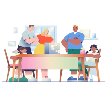 A mysterious, unmarked parcel is placed at the center of a wooden dining table. The table is set with a white tablecloth and a vase of fresh flowers to the side. Surrounding the parcel is a family of four, each with varying expressions of curiosity. The father, with short brown hair and wearing a blue shirt, leans forward with his arms crossed. The mother, with long blonde hair in a ponytail, stands beside him with one hand on her hip. Their two children, a boy with curly hair in a red t-shirt and a girl with braids wearing a yellow dress, are peering at the parcel with wide eyes. Soft afternoon light filters through a nearby window, illuminating their faces and highlighting the intrigue of the moment.