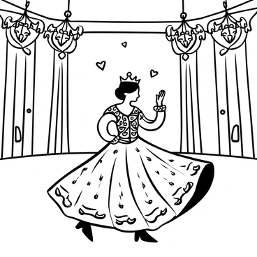 A regal queen wearing a lavish dress adorned with intricate patterns is gracefully dancing in a grand ballroom. The dress flows elegantly around her as she moves, creating a sense of motion. Floating hearts are scattered throughout the air, adding a whimsical touch to the scene. Ornate chandeliers hang from the ceiling, casting intricate shadows on the polished floor below. Elaborate decorations line the walls, enhancing the opulence of the ballroom.