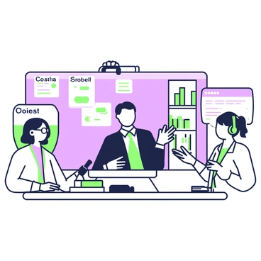 A group of international researchers appear on a large screen during a video conference call. Each researcher is in a separate location, showcasing a diverse range of backgrounds and settings. To the left, a woman with glasses and a lab coat sits at a desk cluttered with papers and a microscope. In the center of the screen, a man in a suit speaks animatedly, gesturing with his hands. To the right, another woman wearing headphones takes notes on a digital tablet. Behind her, there is a bookshelf filled with scientific journals. The video conference interface shows their individual frames, each displaying their names and locations. The atmosphere conveys a collaborative spirit as they discuss their biomedical project together.