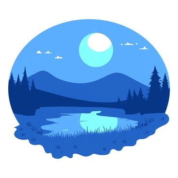 A blue moon is shining brightly in the night sky, illuminating a tranquil landscape below. The moon's light casts distinct shadows over rolling hills and a calm lake that reflects the moon's glow. Silhouettes of trees line the edges of the lake, their branches gently swaying in a light breeze. Soft grass covers the ground, creating a peaceful setting under the blue moonlight.