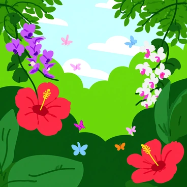 A lush garden filled with vibrant tropical flowers. Large red hibiscus flowers with intricate petals bloom prominently throughout the scene. Delicate purple and white orchids hang from green, leafy vines. The garden is rich with lush green foliage, creating a lively, tropical atmosphere. Sunlight filters through the leaves, illuminating the bright colors of the flowers. Butterflies in varied patterns and colors flit around, adding movement to the serene setting.