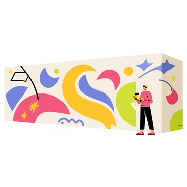 A university wall featuring a brightly colored mural with various abstract designs. The mural includes swirling shapes in red, blue, yellow, and green, with geometric patterns interspersed throughout. Some sections of the mural show bold lines creating a sense of movement, while others have softer curves blending into one another. The background of the mural is a light color that enhances the vibrancy of the abstract elements, making the overall artwork eye-catching and dynamic.