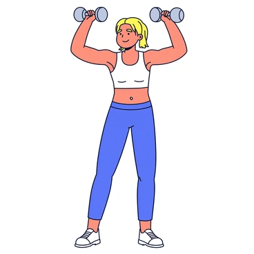 A fitness instructor standing upright, showcasing an ideal form while performing a dumbbell shoulder press. The instructor has a focused expression, with their feet shoulder-width apart for stability. They are holding a pair of silver dumbbells at shoulder height, with elbows bent at a 90-degree angle. The dumbbells are raised upward, with a straight back and engaged core. The scene captures the instructor in a well-lit gym environment, emphasizing their athletic attire and posture.
