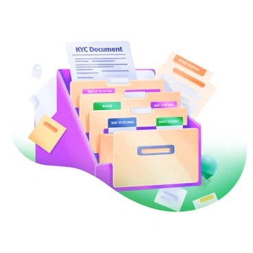 A modern pastel illustration of a filing cabinet with multiple drawers, each drawer open slightly to reveal a well-organized interior. The cabinet is made of light wood, and the labels on the tabs are clearly visible. Each tab is labeled with distinct, colorful text indicating various KYC documents such as "Passport," "Utility Bill," "Bank Statement," and "ID Verification." Surrounding the filing cabinet are scattered papers and a few colorful sticky notes, emphasizing the organization of the documents.