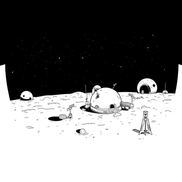 An expansive moon surface stretches wide under a dark, star-filled sky. The ground is rocky and cratered, with fine lunar dust reflecting faint light. In the center of the scene, there is a small colony of domed habitats, each with smooth, rounded shapes. The domes are made of transparent material, allowing soft light to emanate from within. There are antennas and solar panels attached to each dome, positioned to gather energy from the distant sun. The colony is surrounded by small scientific instruments and equipment, indicating ongoing research.