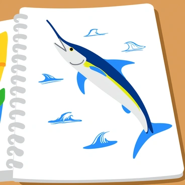 A white sketchbook page featuring a detailed drawing of a sailfish in vibrant colors. The sailfish is depicted in mid-swim, showcasing its elongated body and distinct dorsal fin. The fish's scales are intricately shaded, reflecting a gradient of blue and silver hues. Below the sailfish, there are several smaller sketches of ocean waves and fishing gear, enhancing the theme of marine life. The artist’s notes are written in the margins, adding a personal touch to the composition.