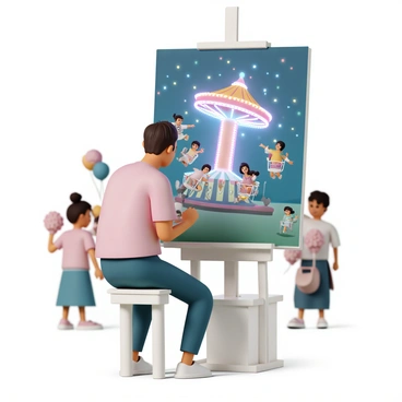 A live illustrator, positioned on a small elevated platform, is focused intently on their canvas, capturing the scene of a brightly lit carnival ride. The ride, featuring vibrant colors and flickering lights, spins rapidly, with riders throwing their hands in the air, displaying expressions of joy and exhilaration. Above the ride, colorful lights illuminate the night sky, creating an enchanting atmosphere. In the background, a crowd of carnival-goers watches in awe, some holding cotton candy and balloons. The illustrator's easel displays an almost complete painting that reflects the lively energy of the carnival.