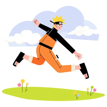 Naruto Uzumaki is depicted mid-air, performing a classic ninja run with his arms stretched back and legs bent. He has spiky blonde hair and is wearing his iconic orange and black outfit. The grassy field below him is vibrant green, with a few wildflowers scattered throughout. The sky above is clear with a few fluffy white clouds, enhancing the action and dynamic movement of Naruto as he dashes across the scene.