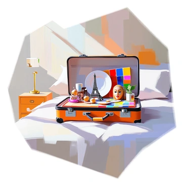 An open Rimowa suitcase is positioned on a neatly made bed, displaying a collection of souvenirs from various countries. Inside the suitcase, there are colorful trinkets, including a miniature Eiffel Tower, a delicate wooden mask from Africa, a small ceramic plate featuring traditional Japanese patterns, and a vibrant handwoven rug from South America. The bedspread is a soft, neutral color that contrasts with the vivid colors of the souvenirs. Sunlight streams into the room, casting gentle shadows and highlighting the unique details of each memento.