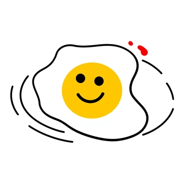 A fried egg on a white plate, with the yolk prominently in the center. The yolk has a smiley face drawn on it using ketchup, featuring two round eyes and a curved smile. The white of the egg is slightly crisped at the edges, creating a contrast with the smooth yolk. A few droplets of ketchup are splattered around the plate, adding visual interest.