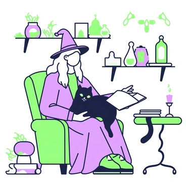 A witch with long, flowing hair is sitting in a cozy armchair. She is wearing a long robe that drapes elegantly around her. In her lap, there is a black cat with bright eyes, relaxed and comfortably nestled. The armchair is adorned with intricate patterns and has a plush cushion. Surrounding the witch, there are shelves filled with potion bottles, herbs, and various magical artifacts. A small table beside her holds a flickering candle and an open spellbook. The ambiance suggests warmth and tranquility, as the witch gently strokes her cat while looking thoughtfully at the pages.