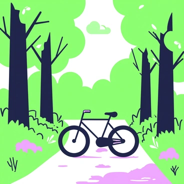 A black bike is positioned on a narrow path within a dense forest. Surrounding the bike, tall trees rise prominently, their trunks covered in green foliage. Sunlight filters through the leaves, casting dappled patterns of light and shadow on the ground. The path is lined with various plants and underbrush, creating a lush green setting. In the background, more trees extend into the distance, adding depth to the forest scene. The bike's sleek design contrasts with the natural environment, highlighting its presence in this vibrant landscape.