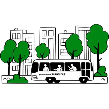 An electric bus moving along a city street, showcasing its streamlined design. The bus is filled with passengers seated inside, with some looking out the windows. Lush green trees line the sides of the street, contrasting with the buildings in the background. Various plants and shrubs are strategically placed along the sidewalk. A few pedestrians can be seen walking along the path, contributing to the lively urban scene. "Eco-Friendly Transport" is displayed prominently on the front of the bus.