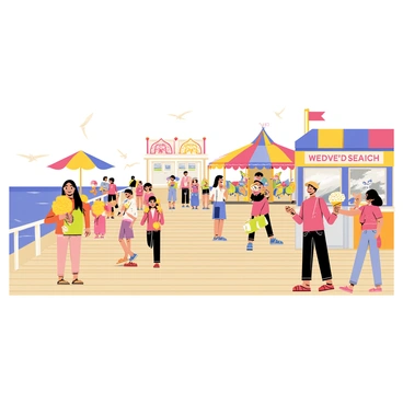 A bustling boardwalk lined with wooden planks and colorful beach umbrellas. Groups of people stroll along the boardwalk, some holding bright yellow cotton candy and others enjoying bags of popcorn. Children play games at small booths, with plush toys hanging as prizes. In the background, a vibrant carousel spins with colorful horses, and a food stand sells ice cream cones topped with sprinkles. Seagulls soar above, and the ocean waves crash gently against the shore, completing the lively atmosphere.