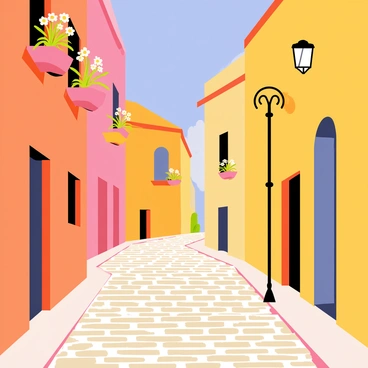 A postcard featuring a historic Italian street with a pathway made of rustic cobblestones. Vibrant, colorful buildings line both sides of the street, showcasing shades of orange, yellow, and pink. Flower boxes filled with blooming plants are perched on windowsills, adding to the charm of the scene. A vintage street lamp stands on the corner, casting a warm glow over the cobblestones. In the background, a clear blue sky complements the lively colors of the buildings.