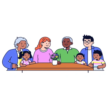 A family portrait featuring three generations of people gathered around a rectangular wooden table. The first generation includes a grandmother with gray hair, wearing a floral dress, and a grandfather with glasses, dressed in a blue sweater. The second generation consists of a middle-aged couple, a mother wearing a light pink blouse and a father in a green shirt. The third generation includes two children, a girl with pigtails wearing a colorful dress and a boy with short hair dressed in a striped t-shirt. They are all smiling and interacting happily, with a small vase of flowers in the center of the table.