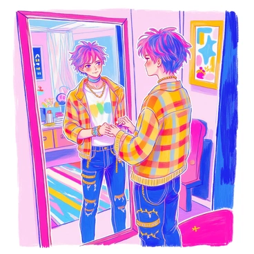 An eboy with dyed hair is standing in front of a full-length mirror. He is wearing a graphic t-shirt layered under an oversized plaid shirt, paired with skinny jeans adorned with chains. His accessories include multiple rings, ear piercings, and a choker. He is adjusting a beaded bracelet on his wrist while looking at his reflection. The background features a stylish bedroom with posters on the walls and a colorful rug on the floor.