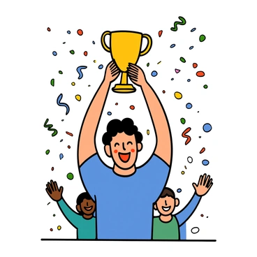 A joyful winner with light skin and short curly hair is holding up a shiny gold trophy above their head. They are wearing a bright blue t-shirt and have a wide smile on their face, showcasing their excitement. Colorful confetti in various shapes and sizes is falling around them, creating a festive atmosphere. The background shows hints of a cheering crowd celebrating the victory.