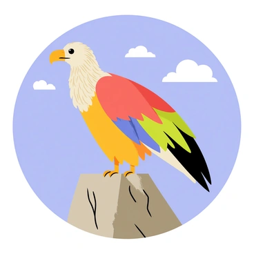 A condor with a large wingspan perched on a rocky cliff. The condor has an intricate feather pattern, showcasing vibrant colors like orange, blue, and green. Its beak is strong and curved, with a hint of yellow. The background features a bright blue sky with a few fluffy white clouds, adding contrast to the colorful bird. The rocky surface below the condor is textured with shades of gray and brown, enhancing the visual appeal.