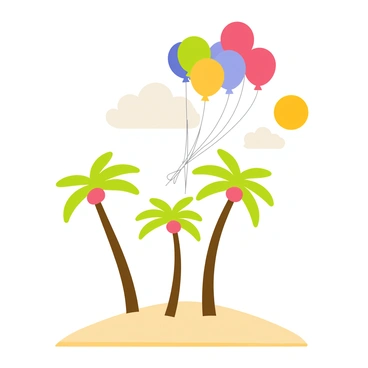 An island featuring a sandy beach and several tall green palm trees with brown trunks. The island is surrounded by fluffy white clouds, giving the impression of height. A colorful cluster of balloons in various shades of red, blue, yellow, and green is tied to the island, lifting it into the sky. The balloons have strings that attach to the base of the palm trees. The sun shines brightly in the background, adding warmth to the scene.