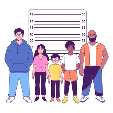 A lineup of diverse suspects stands in front of a height chart in a police station. The suspects include a tall man with dark hair wearing a blue hoodie, a woman with long curly hair dressed in a yellow shirt, a short man with glasses in a white t-shirt, a middle-aged woman with short hair in a pink blouse, and a muscular man with a shaved head wearing orange athletic wear. The height chart is prominently displayed on the wall behind them, showing measurements marked in black. The atmosphere conveys a serious tone as the suspects face forward, each maintaining a neutral expression.