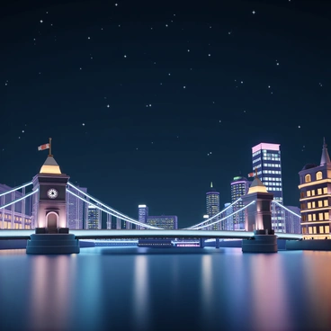A view of "London Bridge" at night, illuminated with "twinkling lights." The bridge spans across a calm river, reflecting the lights shimmering on the water's surface. The architectural details of the bridge are clearly visible, showcasing the blend of modern and historic design elements. The surrounding buildings are also aglow with various colors of light, contributing to the night scene. A clear starry sky serves as the backdrop, enhancing the enchanting atmosphere.