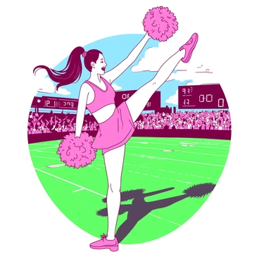 A pink cheerleader is kicking high with one leg extended gracefully above her head. She is wearing a bright uniform adorned with white and pink pom-poms. The cheerleader's hair is tied in a high ponytail, flowing behind her as she performs her routine. The sunny football field is vibrant, with green grass and white yard lines marking the field. In the background, there are a few spectators cheering and a scoreboard displaying the game score. The bright sun casts shadows on the field, enhancing the lively atmosphere.