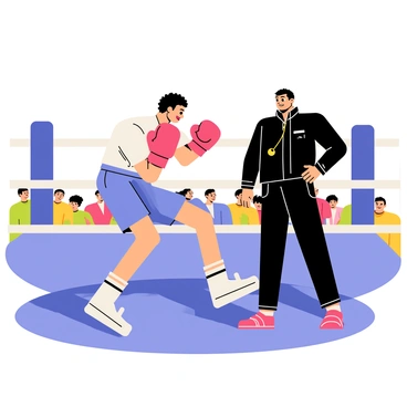 A boxer throwing punches in a classic boxing ring. The boxer is wearing red boxing gloves and blue shorts. The coach stands beside the boxer, wearing a black tracksuit and a whistle around their neck, providing guidance. The boxing ring features white ropes and a blue canvas floor. Bright overhead lights illuminate the scene, casting sharp shadows on the floor. A crowd of animated spectators can be seen in the background, eagerly watching the training session.