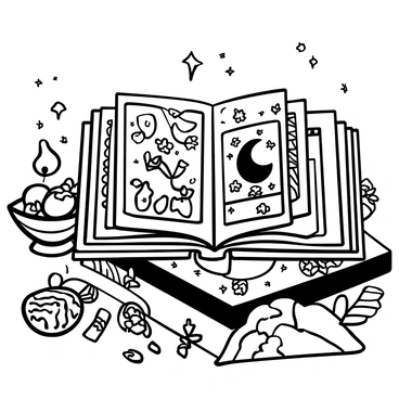 A beautifully illustrated book of Persian stories is opened, displaying vibrant intricate designs on its pages. Decorative motifs of pomegranates and stars are woven throughout the illustrations. The book is set on a richly patterned tablecloth, adorned with traditional Persian textiles. A small candle flickers nearby, casting gentle shadows on the pages. A bowl of pomegranates and nuts is placed beside the book, symbolizing abundance.