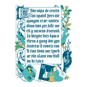 A white illuminated manuscript page is filled with intricate designs and colorful medieval art. The borders of the page are adorned with elaborate floral patterns in shades of teal and gold. There are ornate initials in the top corner, embellished with swirling motifs. The calligraphy is elegantly written in dark blue ink, showcasing intricate lettering that flows gracefully across the page. Vivid illustrations of mythical creatures and knights in armor are interspersed among the text, adding depth to the rich imagery. The overall composition is balanced and visually striking, inviting the viewer to explore its details.