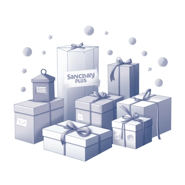 A detailed representation of a loyalty rewards program named "Sanchay Plus." The image features a variety of gift items, such as beautifully wrapped presents, stylish gift cards, and decorative boxes. Scattered throughout the scene are icons symbolizing points, including stars and circular tokens, showing a dynamic interaction between the gifts and the points system. The overall composition conveys a sense of excitement and reward, with the program name "Sanchay Plus" prominently displayed in a bold, eye-catching font.