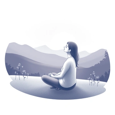 A person sitting cross-legged on a grassy hilltop. The individual has a serene expression, with eyes closed in concentration. The sun is rising in the background, casting a soft glow across the horizon. The landscape features gently rolling hills under a clear sky, with the silhouette of distant mountains visible. The surrounding area is dotted with a few trees and wildflowers, adding to the tranquility of the scene. The person is dressed in simple, loose-fitting clothing that flows gently with the breeze.