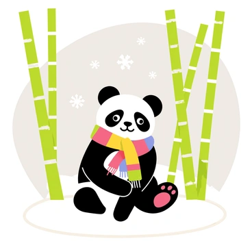 A panda sitting on a patch of white snow. The panda is wearing a colorful, cozy knitted scarf wrapped around its neck. Surrounding the panda are tall green bamboo stalks dusted with snow. Snowflakes are gently falling from a gray sky above, creating a wintery atmosphere in the bamboo grove. The panda is looking curiously at the viewer, with a serene expression on its face.