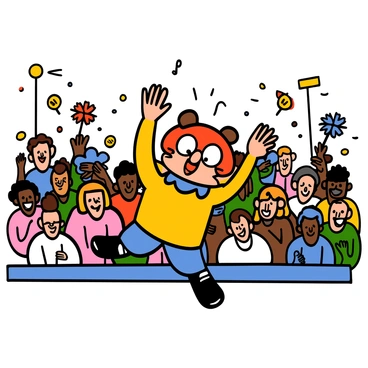 A team mascot with a large, oversized head and a vibrant costume is performing a funny dance routine in front of a cheering crowd. The mascot has colorful fur, large eyes, and an exaggerated expression of joy. It is mid-dance move, with one arm raised high and the other bent at the elbow, showcasing enthusiasm. The crowd consists of diverse individuals, many waving pom-poms and wearing team jerseys. Bright stadium lights illuminate the scene, enhancing the lively atmosphere.