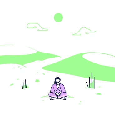 A lone figure is sitting cross-legged on the smooth, soft sand of a vast desert. The figure is dressed in a simple robe that drapes gently around them. Surrounding the figure, the undulating sand dunes rise and fall in gentle slopes, creating a sense of endlessness in the landscape. The sky above is expansive, with a few wispy clouds scattered across it. The sun casts soft shadows on the sand, enhancing the tranquil atmosphere of the scene. In the distance, a few sparse desert plants can be seen, adding subtle details to the natural environment.