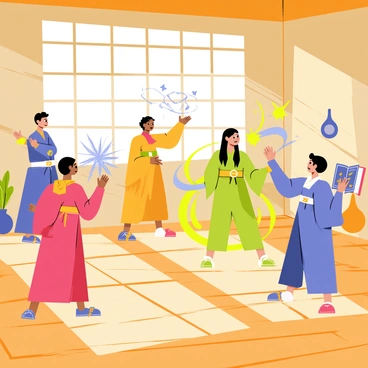 A dojo filled with young sorcerers practicing their skills. The floor is made of polished wooden planks, reflecting sunlight streaming through large windows. Several sorcerers, dressed in colorful robes, are practicing spells, with vibrant magical energy swirling around them. One sorcerer is casting a bright blue spell that forms a sparkling arc in the air. Another is surrounded by a swirling green aura, focusing intently on a floating orb. Various magical objects, such as potions and spell books, are scattered around the dojo, adding to the training atmosphere.