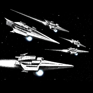 A fleet of sleek spaceships is positioned in a dynamic formation, as they maneuver through the vastness of space. Each spaceship is detailed with intricate designs, featuring sharp edges and glowing elements. The ships are firing energy beams, creating streaks of light that cut through the darkness. In the background, countless stars twinkle in the blackness, emphasizing the emptiness of the void. Some ships are slightly damaged, with visible scars on their surfaces. The scene captures the intensity of the battle, highlighting the movement and action of the ships as they engage in combat.