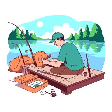 An angler with a teal cap is organizing tackle and fishing rods into orange bags on a lakeside. The angler is sitting on a wooden dock, surrounded by various fishing gear scattered around. The sun is shining down, creating reflections on the water's surface. Nearby, there are several fishing rods propped against the dock, and an orange tackle box is open with neatly arranged lures and hooks visible. In the background, there are green trees framing the calm lake.